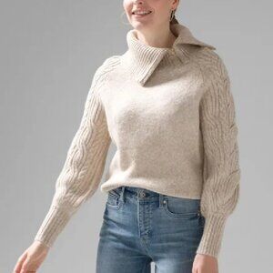 White House Black Market Zip Neck Cable Knit Sweater Beige Size Small